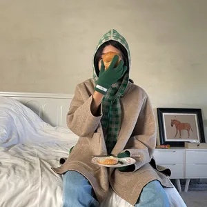 Green checkered hooded scarf knit shawl thickened warm winter Korean style fashion versatile