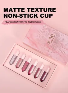 Detail view of the 6-color matte liquid lipstick gift set featuring crystal cap designs and shades.