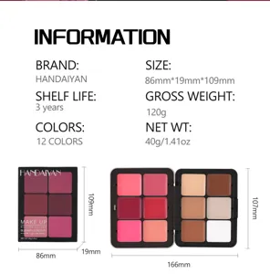 Handaiyan 12-color multi-use makeup palette with blush, contour and concealer in a compact tin.