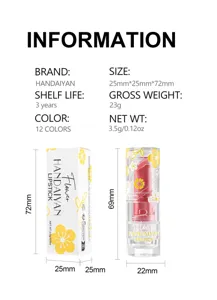 Detailansicht des Handaiyan Samt-Matte-Lippenstifts mit Produktabmessungen, Verpackung und Rohrdetails.