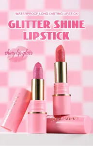Glitter shine lipstick with waterproof long lasting formula, shimmering lip gloss makeup.