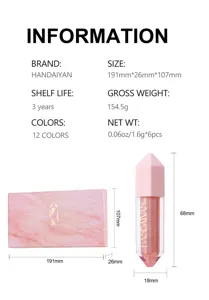 Handaiyan 6 color matte lip gloss set waterproof cosmetic gift box packaging detail parameter image.