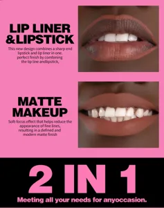 Matte 2-in-1 lip liner and lipstick detail view showing smooth waterproof finish and soft texture.