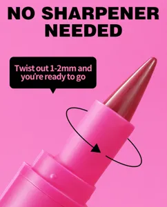 Lip liner pencil detail view showing the precise pointed tip, automatic twist and pink casing.