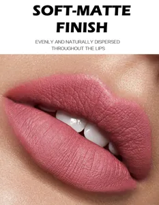 Matte liquid lipstick lip gloss swatch detail showing smooth texture and soft finish look.