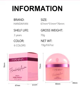 Detailed view of Handaiyan loose powder packaging and jar with precise dimension specs.