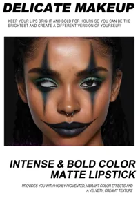 Matte black lipstick for dramatic Halloween makeup, long lasting and highly pigmented.