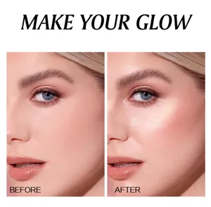 Highlighter makeup palette before and after comparison showing radiant face glow and fine shimmer.