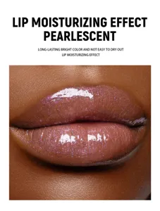 Detailed view of pearlescent lip gloss moisturizing effect with brilliant shine and long lasting.
