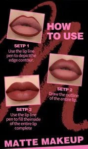 Detail view showing step-by-step matte lip liner application tutorial with close-up lip photos.