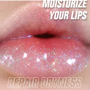 Close-up of glossy shimmer lip gloss showing hydrating texture and sparkling shine effect.