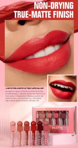 Matte liquid lipstick set detail showcasing rich red color pigment and velvety smooth texture.