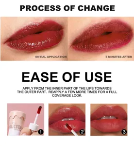 Handaiyan milk tea cup lip gloss detail view, showing application steps and long-lasting effects.
