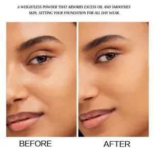 Close up detail view showing oil control and smoothing effect of makeup setting powder on skin.