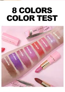 Detailed shot showing 8 colors shimmery pearl lipstick swatches on arm for bright makeup.