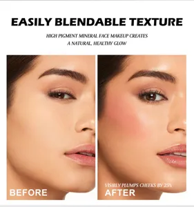 Mineral blush palette detail image showing smooth texture, natural healthy glow, and before after.