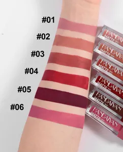 Lipstick swatch detail showing six gorgeous matte liquid shades neatly arranged on skin.