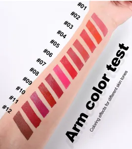 Detaillierte Nahaufnahme von zwölf Samt-Matte-Lippenstift-Farbmustern auf der Armhaut.