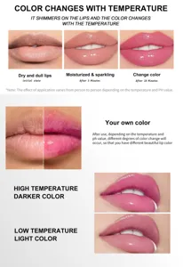 Temperature-changing lip gloss with moisturizing mirror finish and shimmering pearls.