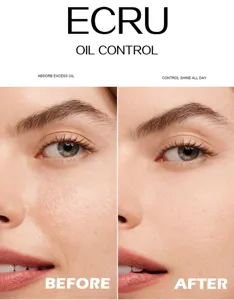 Close-up detail view showing oil control and mattifying effect for long-lasting makeup.