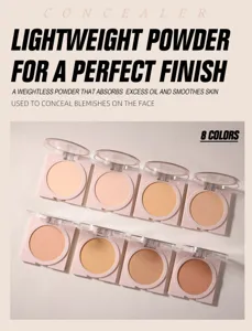 Vista de detalle en primer plano de ocho polvos compactos para un acabado de maquillaje.