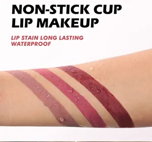 Matte liquid lipstick swatches on arm, waterproof long lasting lip makeup product.