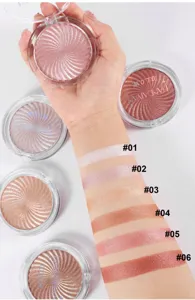Detailed view of 6-color swirl highlighter palette with stunning arm swatches and shades.
