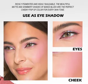 Baked blush and eyeshadow palette with matte and shimmery shades for a glowing cheek look.