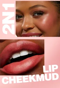 Primo piano dettaglio di fango labbra opaco e trucco blush con texture vellutata.