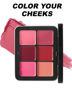 Cream blush palette detail showing six rich shades and smooth cream texture for glowing cheeks.