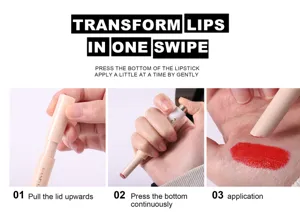 Istruzioni dettagliate per l'uso del rossetto a scatto con finitura lucida e idratante.