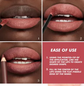 Matte liquid lipstick makeup tutorial detail view showing lip liner and wand application.