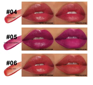 Lip tint color swatch detail showing initial application and 5 minutes after effect for shades.