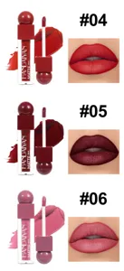 Detailed view of matte liquid lipstick shades 04, 05, and 06 with swatches and lip application.