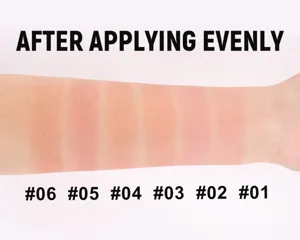 Arm-Swatch-Detail mit sechs gleichmäßig aufgetragenen matten Blush-Farbtönen von eins bis sechs.