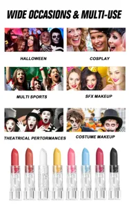 Detailed view showing multi-use Halloween makeup scenarios and 8 vibrant colorful matte lipsticks.