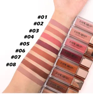 Handaiyan 8-color matte liquid lipstick detail showing vivid shades and smooth texture swatches on arm.