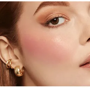 Close-up makeup detail showing natural pink blush effect and stylish gold hoop earrings.