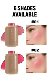 Detailansicht der HANDAIYAN Matt-Rouge-Stick-Farbmuster und Make-up-Anwendung am Modell.