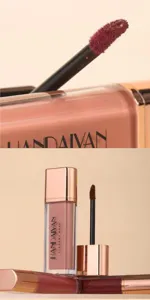 Detailed view of matte liquid lipstick, long-lasting waterproof lip gloss with applicator.