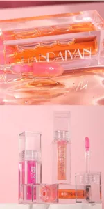 Lip gloss detail view, glossy mirror lip glaze with shimmering texture, clear tube package.