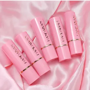 Detailed view of Handaiyan pink pearl shimmer moisturizing lipstick set showcasing smooth finish.