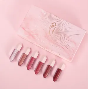 6-color crystal matte liquid lipstick set with pink marble gift box for long-lasting wear.