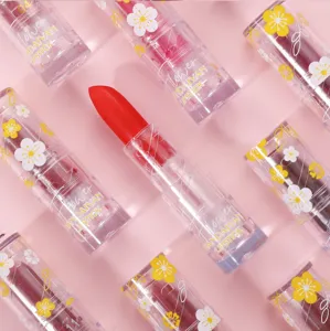 Nahaufnahme Detail von glattem mattem Samtlippenstift mit transparenter Blumenverpackung.