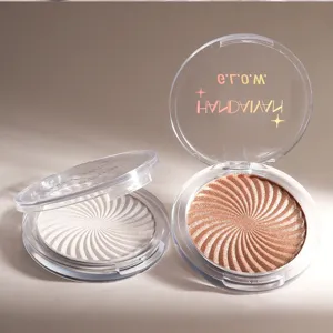 Detail view of dual-color swirl powder highlighter with shimmery finish in clear compact case.