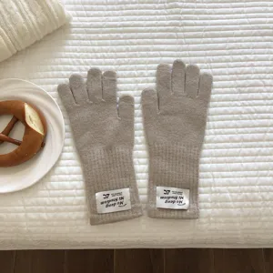 Nahaufnahme Detailansicht von warmen Strick Touchscreen Handschuhen mit Manschettenlabel Stil.