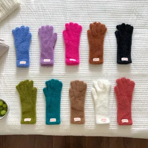 Fuzzy plush five-finger gloves winter warm thick cute knitted gloves detail display