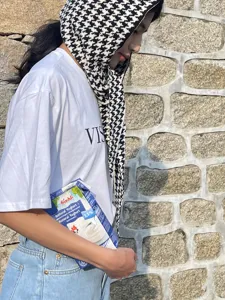 Houndstooth knitted balaclava hood and scarf integrated stylish winter warm accessory.
