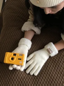 Women winter warm thick knitted gloves with plush cuffs cozy cute cold weather gear