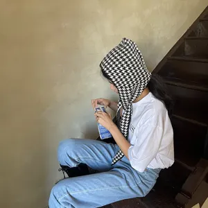 Houndstooth knit balaclava hat and scarf all-in-one detail, cozy winter korean style headwear.